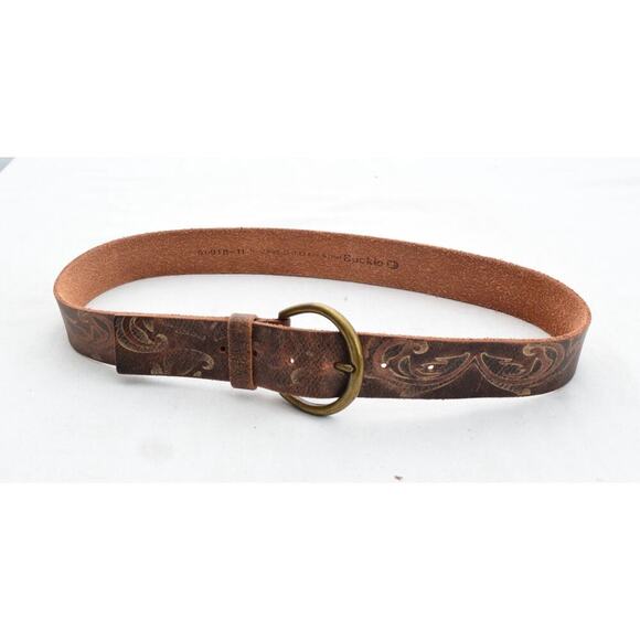 Buckle Leather Belt Medium X 1.5" Womens Brass Buckle Gold Brown Design - Picture 1 of 4